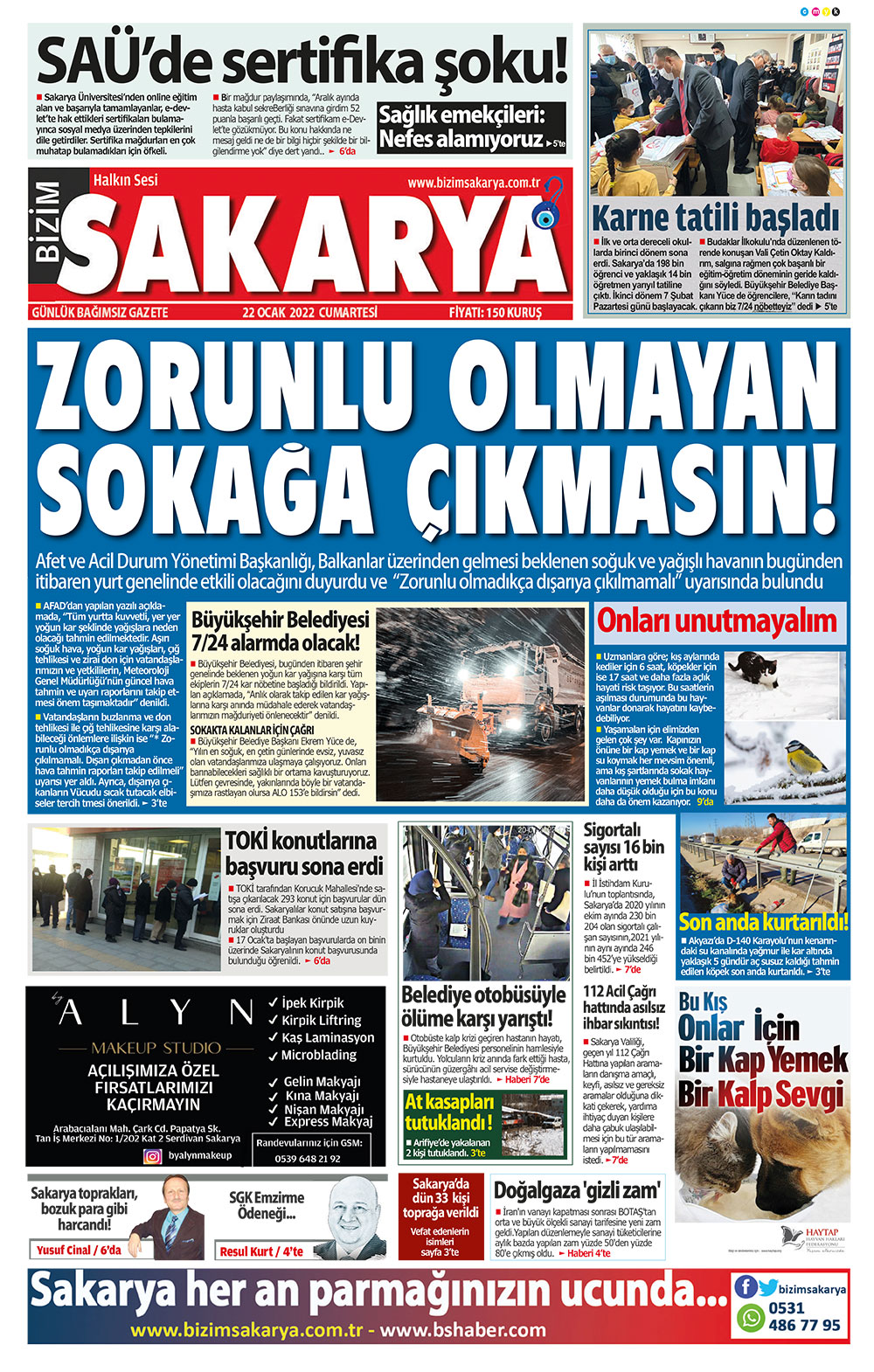 Bizim Sakarya Gazetesi - 22.01.2022 Manşeti