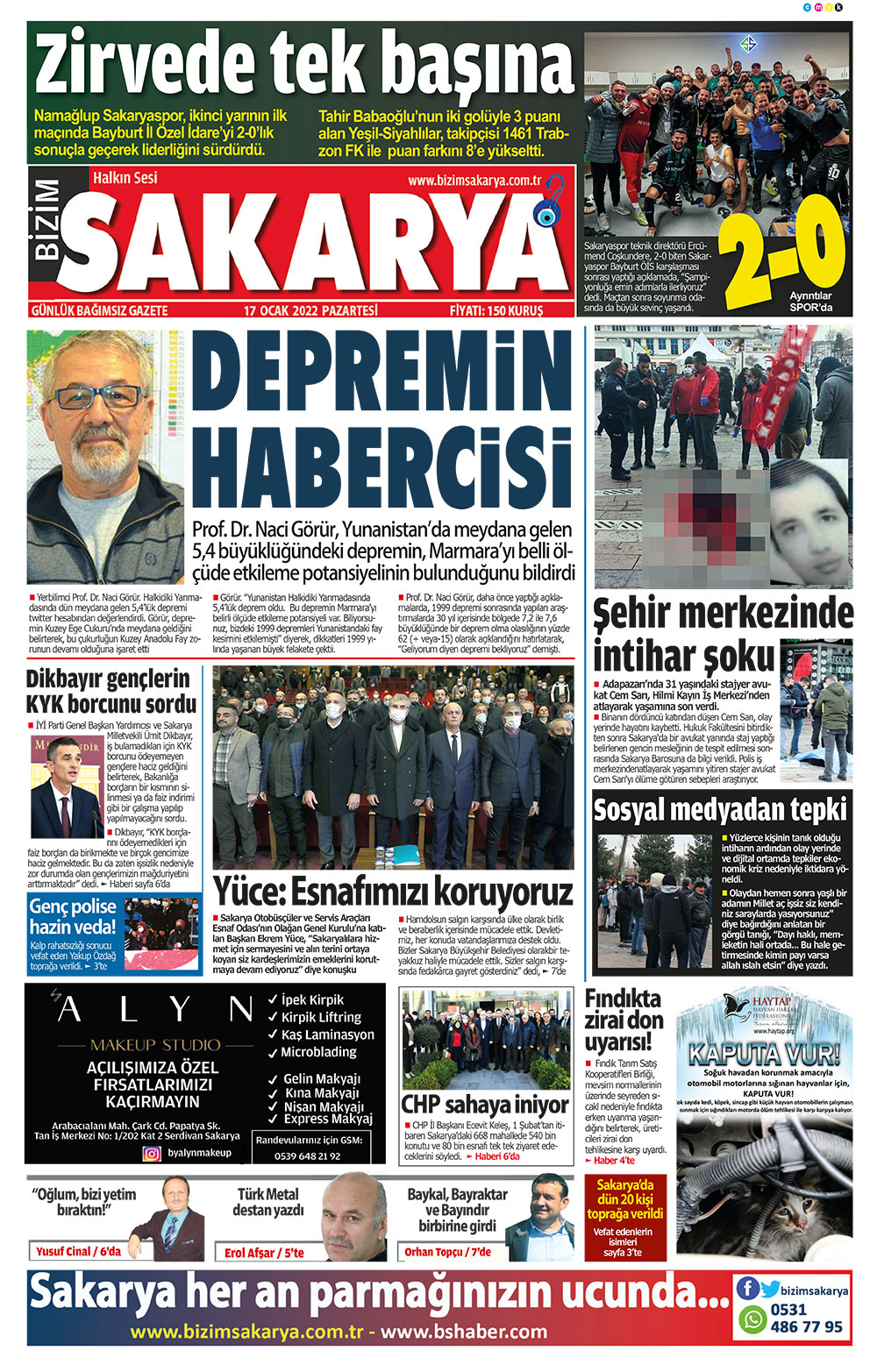 Bizim Sakarya Gazetesi - 17.01.2022 Manşeti
