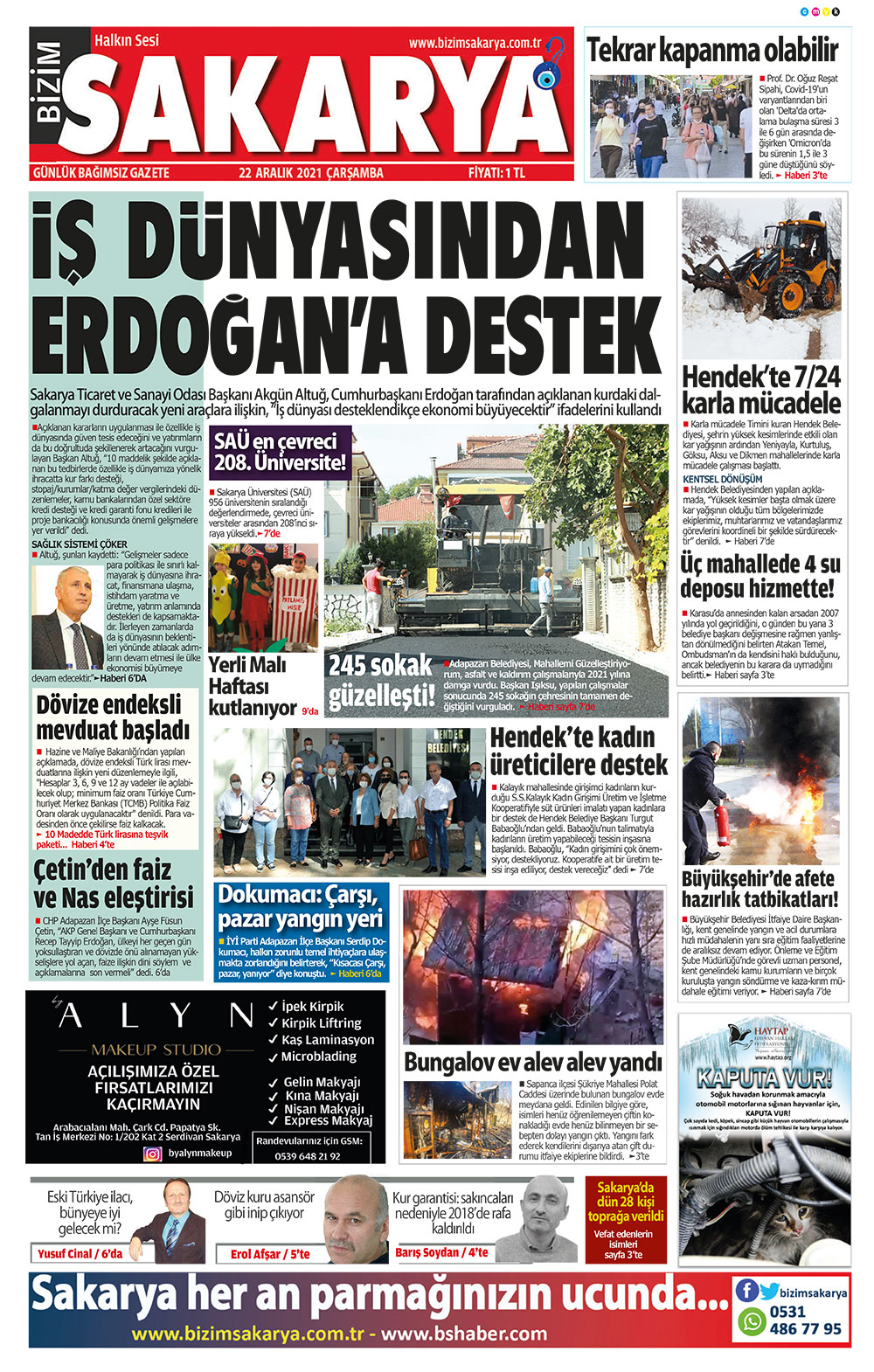 Bizim Sakarya Gazetesi - 22.12.2021 Manşeti