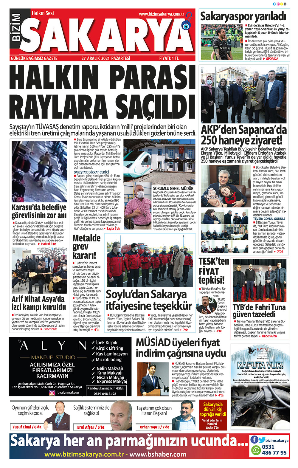 Bizim Sakarya Gazetesi - 27.12.2021 Manşeti